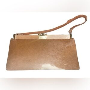 Vintage Brown White Cowhide Fur Handbag Purse Snap Clutch